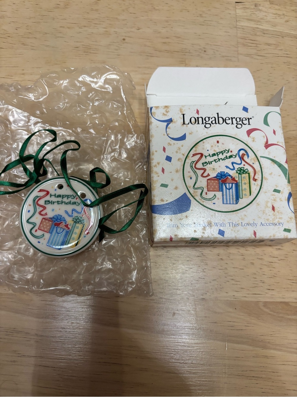Longaberger Happy Birthday Tie On with Green Ribbon. NIB
